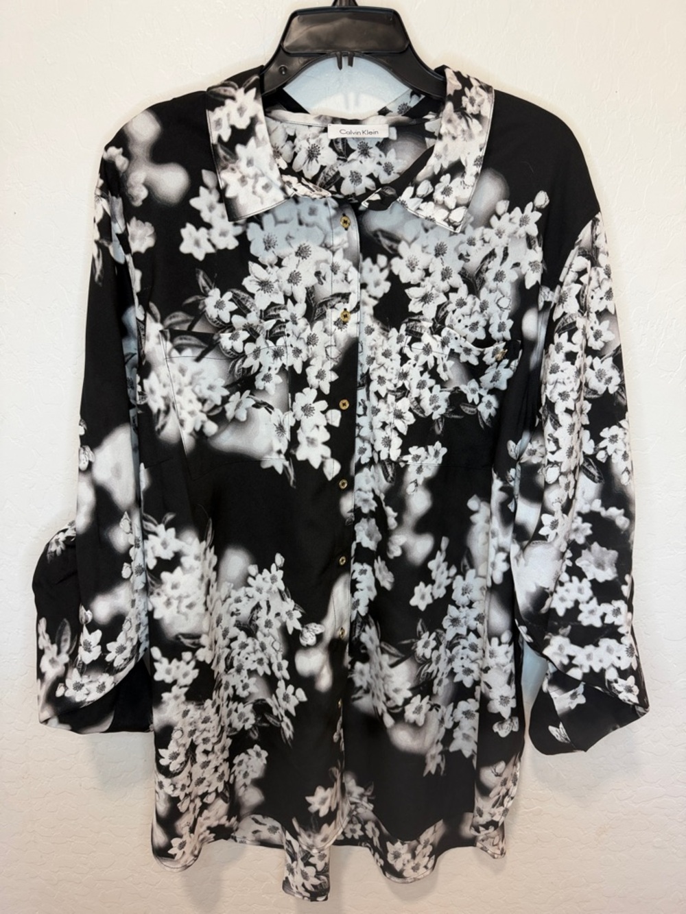 Calvin Klein Black White Floral Button-Down Shirt blouse long sleeve career 2X